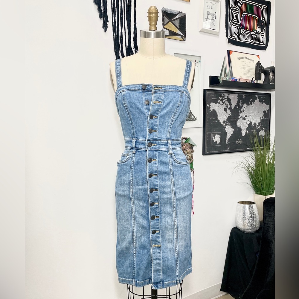 Free People stretch denim button front overall dress